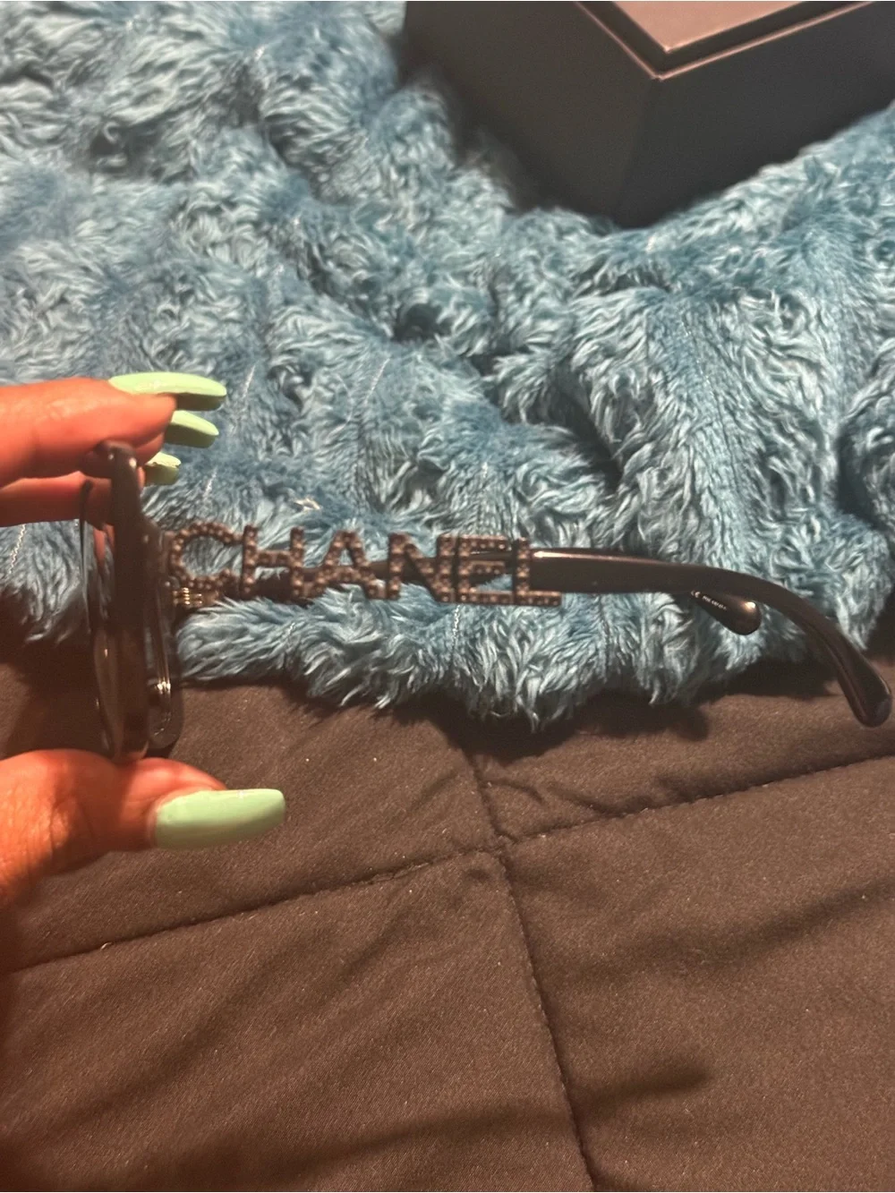 CHANEL Black Sunglasses with Crystal-Embellished Logo Temples